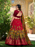 Red Color Kalamkari Print With Foil Work Tasar Silk Lehenga Choli