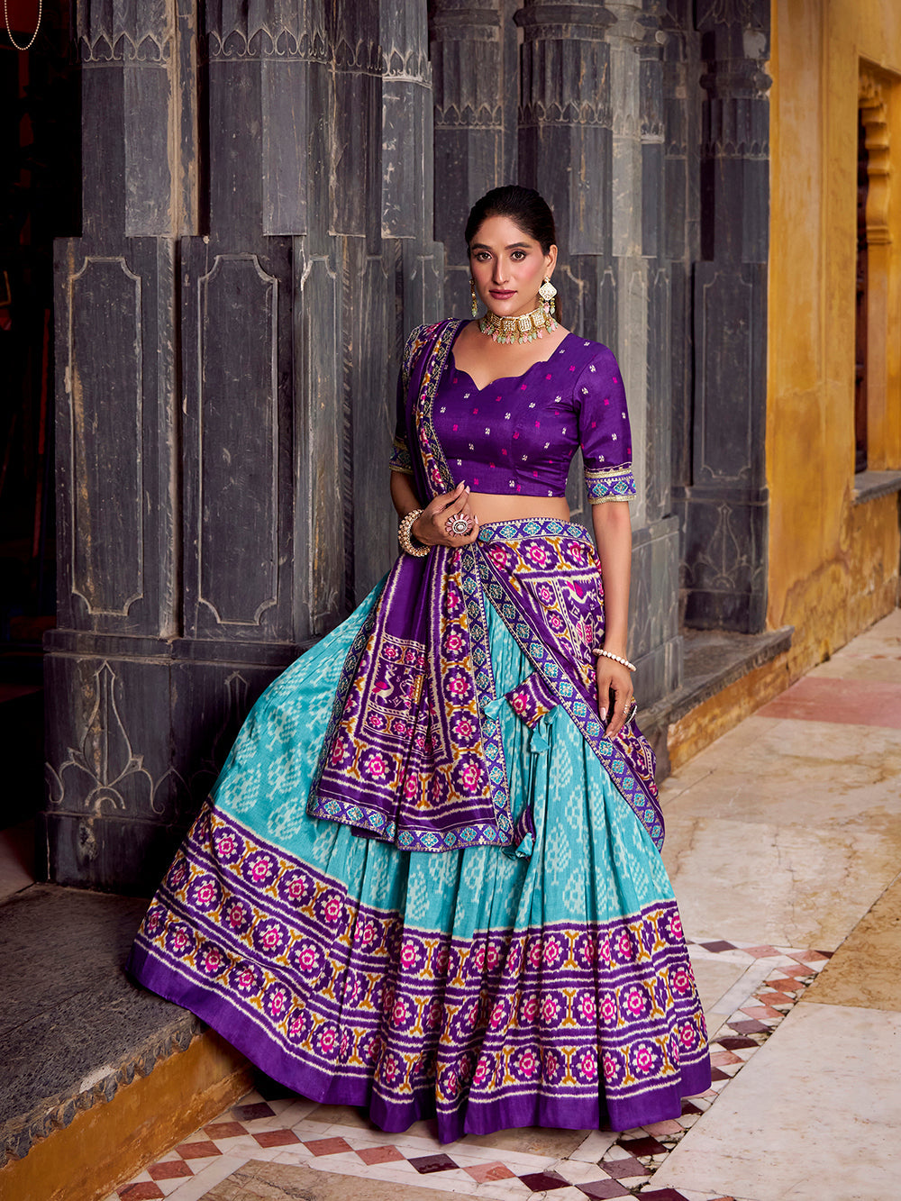 Sky blue ikat patola print lehenga choli set