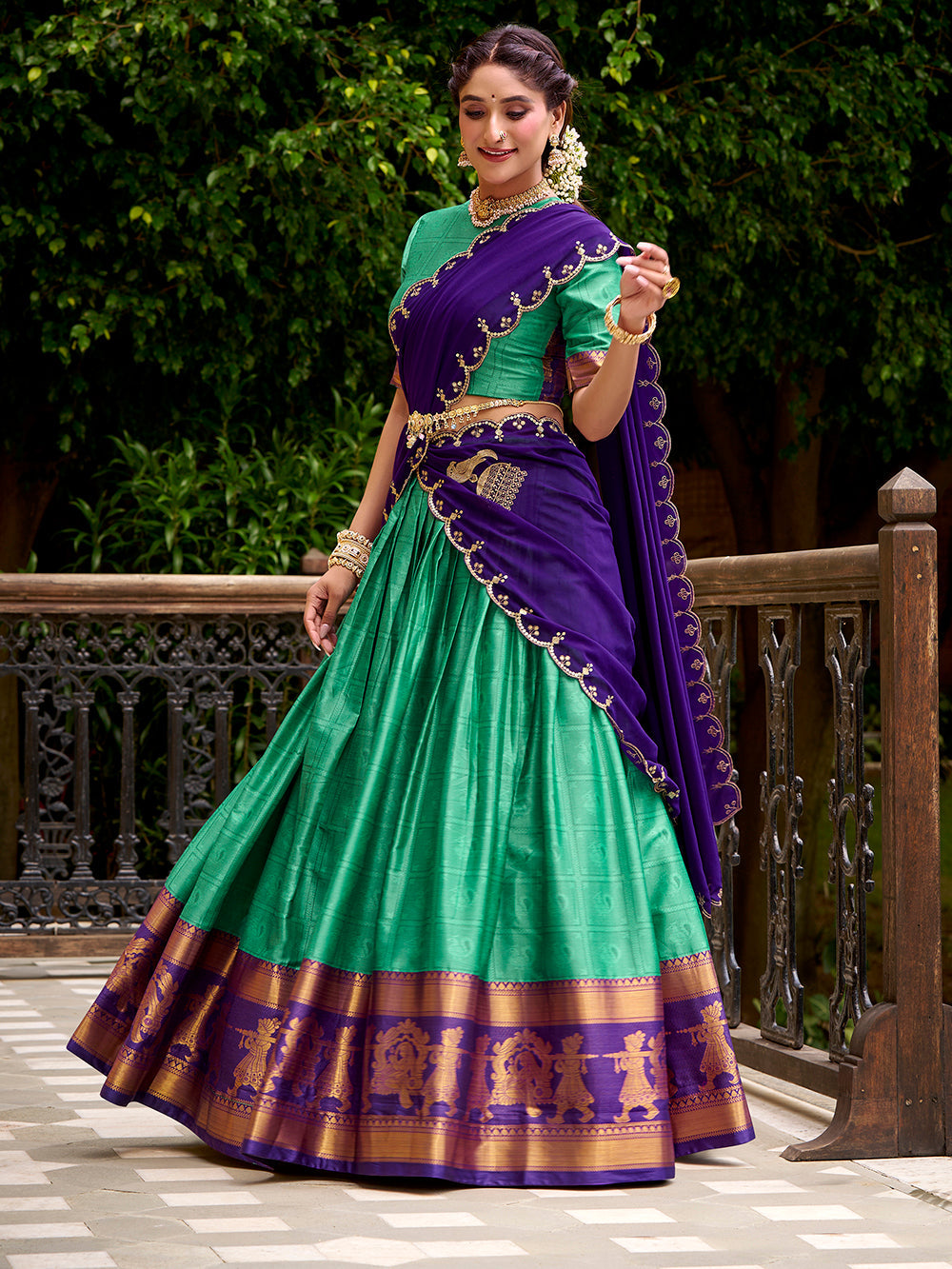 Bottle Green Poly Cotton Lehenga with Zari Weaving