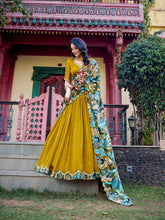 Mustard Vichitra silk lehenga with Kalamkari border