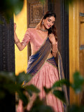 Zari weaving border pink lehenga for festive wear