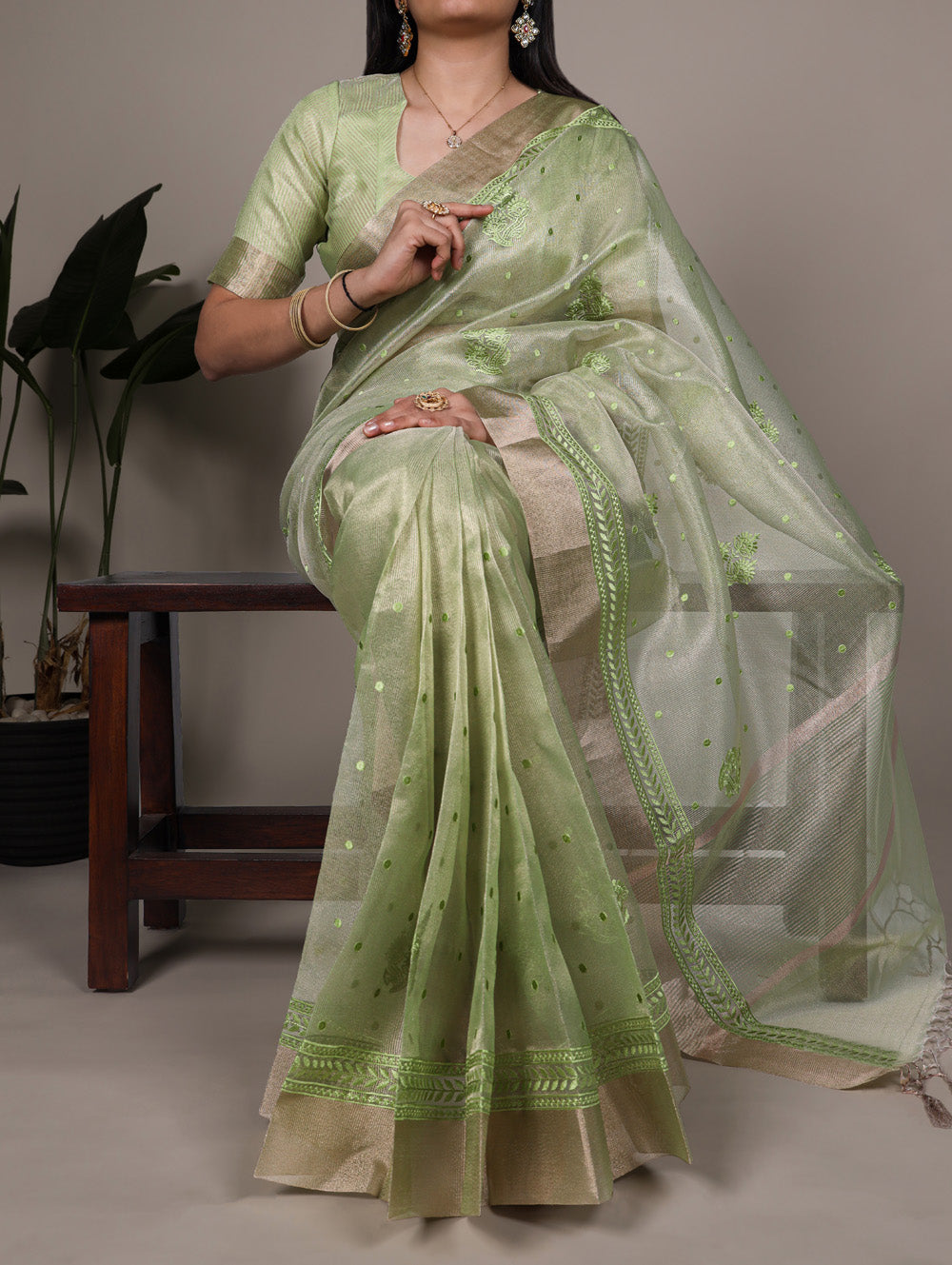 Pista poly shimmer thread embroidery saree