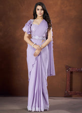 Special Occasion Applique & Moti Work Lavender Crepe Satin Silk Indian Saree
