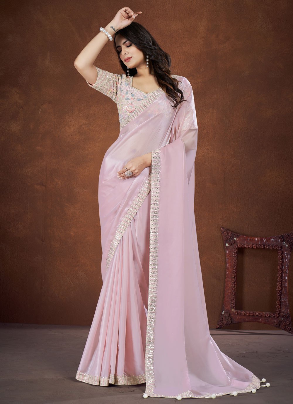 Stone & Moti Embellished Baby Pink Crepe Satin Silk Saree with Net Stitched Blouse