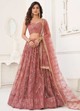 Stunning Dusty Pink Sequins Net Wedding Wear Lehenga With Dupatta
