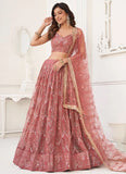 Stunning Dusty Pink Sequins Net Wedding Wear Lehenga With Dupatta