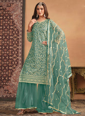 Stunning Sea Green Embroidered Net Sharara Dress for Women