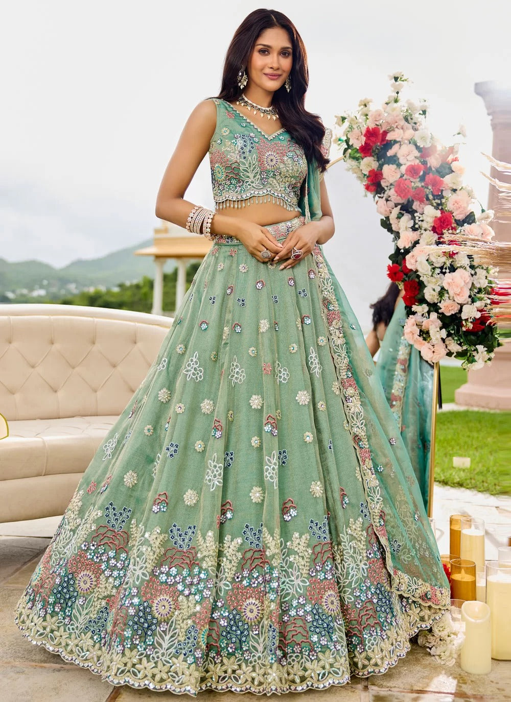 Stylish Limegreen Satin Silk Bridal Lehenga Choli with Dupatta