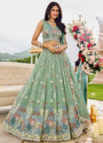 Stylish Limegreen Satin Silk Bridal Lehenga Choli with Dupatta