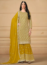 Stylish Mustard Embroidered Faux Georgette Sharara Salwar Kameez