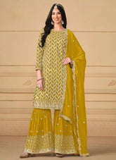 Stylish Mustard Embroidered Faux Georgette Sharara Salwar Kameez