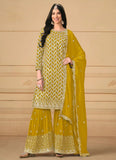 Stylish Mustard Embroidered Faux Georgette Sharara Salwar Kameez