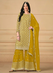 Stylish Mustard Embroidered Faux Georgette Sharara Salwar Kameez