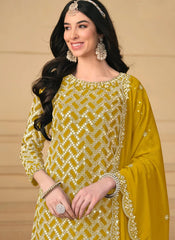 Stylish Mustard Embroidered Faux Georgette Sharara Salwar Kameez