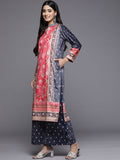 Stylish Navy Blue Printed Velvet Kurta Palazzo Set
