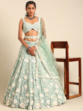 Stylish Seagreen Chinon Sequins and Zarkan Work Reception Look Lehenga
