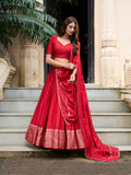 Elegant Red Zari Weaving Chanderi Silk Wedding Lehenga Choli With Dupatta