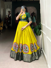 Parrot Color Kalamkari Print With Zari Weaving Border Dola Silk Gown