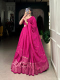 Pink Color Plain With Zari Weaving Work Chanderi Lehenga Choli