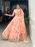 Peach tabby silk floral print lehenga choli