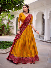 Yellow tasar silk bandhej print lehenga choli