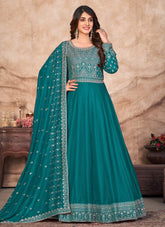 Teal Blue Embroidered Art Silk Abaya Style Suit