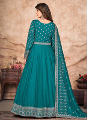 Teal Blue Embroidered Art Silk Abaya Style Suit