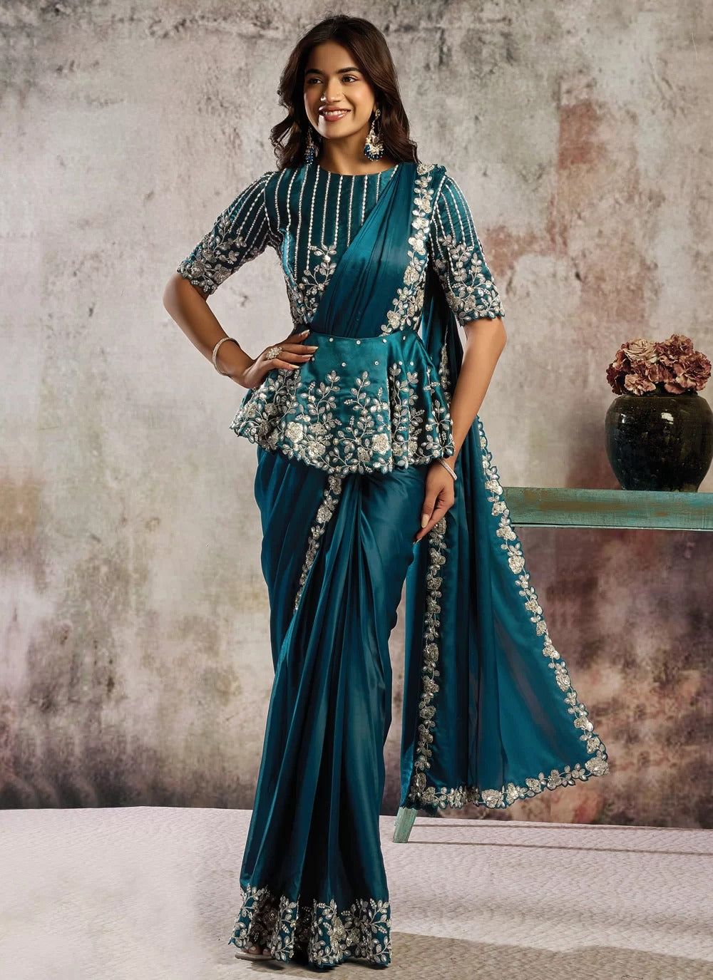 Teal blue lustrous satin ready to wear saree with sequins and crystal stone work