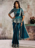 Teal blue lustrous satin ready to wear saree with sequins and crystal stone work