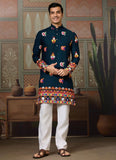 Trendy Teal Blue Cotton Mirror Work Men’s Kurta for Navratri