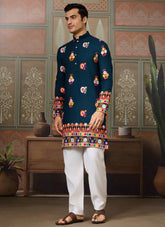 Trendy Teal Blue Cotton Mirror Work Men’s Kurta for Navratri