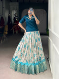 Semi-stitched teal lehenga with 3.80-meter flair