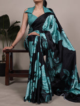 Teal floral printed satin silk saree