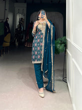 Teal Color Printed With Sequins and Thread Embroidery Work Rayon Salwar Suit