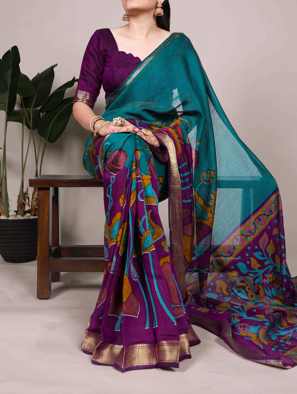Teal chanderi silk floral printed saree