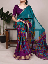 Teal chanderi silk floral printed saree