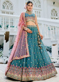 Elegant Teal Tissue Bridal Lehenga with Embroidery and Sequins Work for Wedding