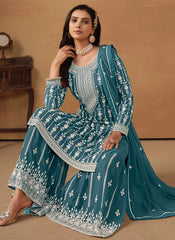 Teal Georgette Embroidered Party Wear Palazzo Suit