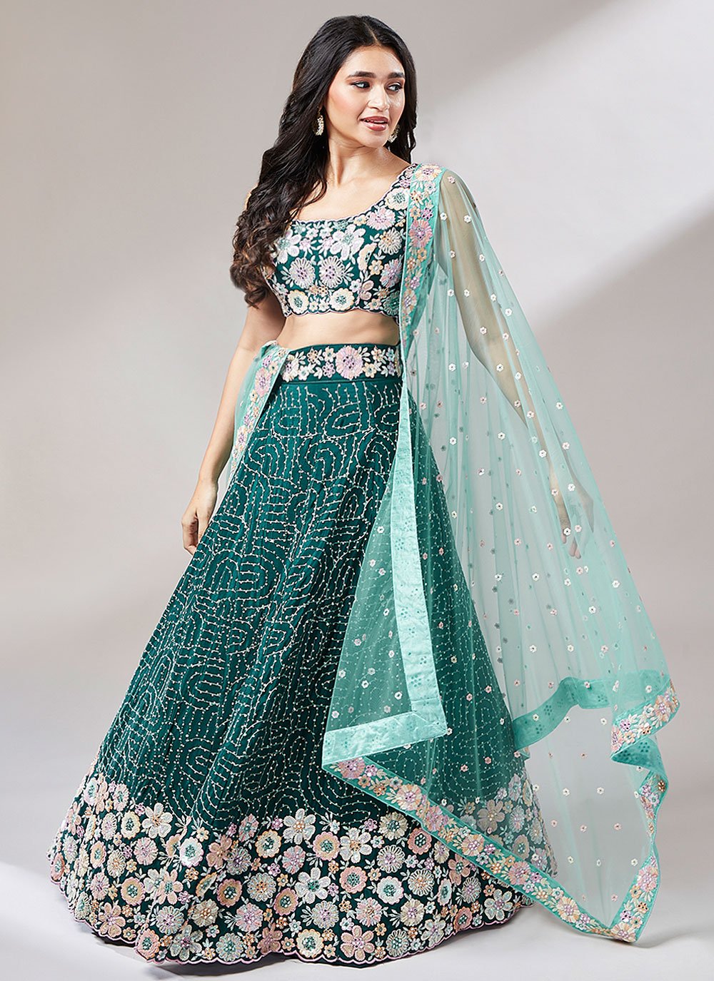 Teal Georgette heavy Sequins embroidery Lehenga choli & Dupatta