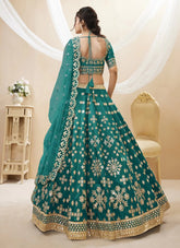 Teal Green Embroidered Art Silk Designer Lehenga