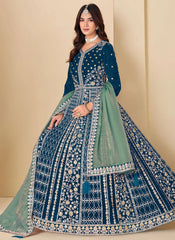 Teal modest wear Anarkali dress with silk dupatta