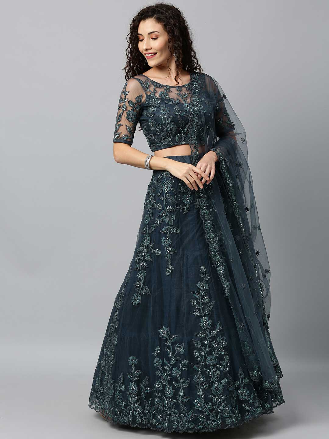 Teal Net Semi Stitched Coding and Sequins work Lehenga Choli