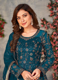 Teal Net Sequins Embroidered Slit Pant Style Salwar Suit For Women
