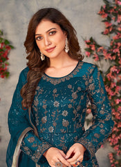 Teal Net Sequins Embroidered Slit Pant Style Salwar Suit For Women