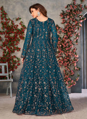 Teal Net Sequins Embroidered Slit Pant Style Salwar Suit For Women