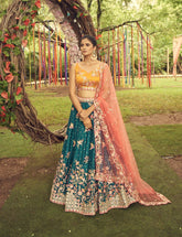 Teal Party Wear Georgette Sequins Work Lehenga With Silk Blouse