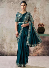 Teal Crepe Satin Silk Ready To Wear Saree with Sequins & Pure Handwork