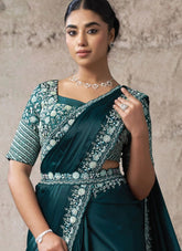 Teal Ready To Wear Saree in Crepe Satin Silk