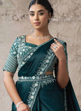 Teal Ready To Wear Saree in Crepe Satin Silk