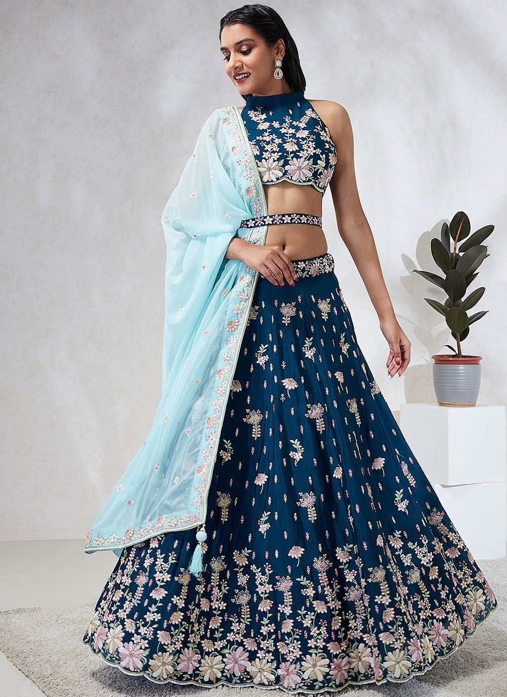 Teal Poly Georgette Lehenga with Embellishments Of Printing and Swarovski